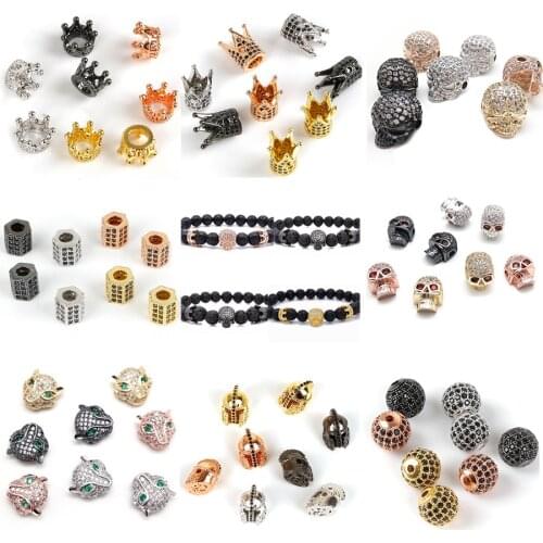 Micro Pave Cubic Zirconia Crown Leopard Skull Copper Metal Charms For Jewelry Making DIY Charms Bracelet