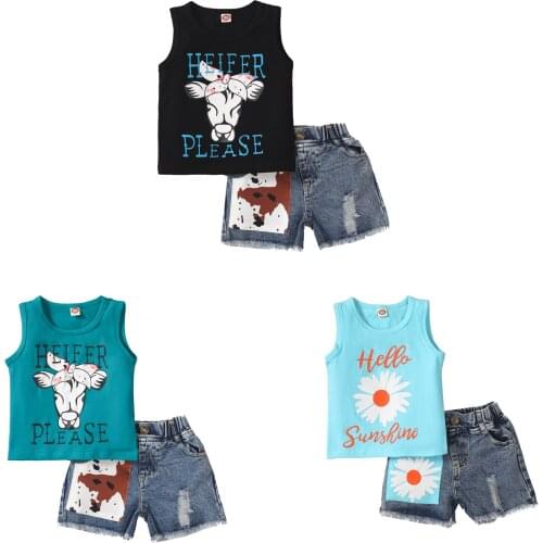 Fashion Children Girls Summer Clothes Sets 2pcs Bull head Letter Printed Sleeveless Tank Tops Denim Shorts Kid Girl Outfit