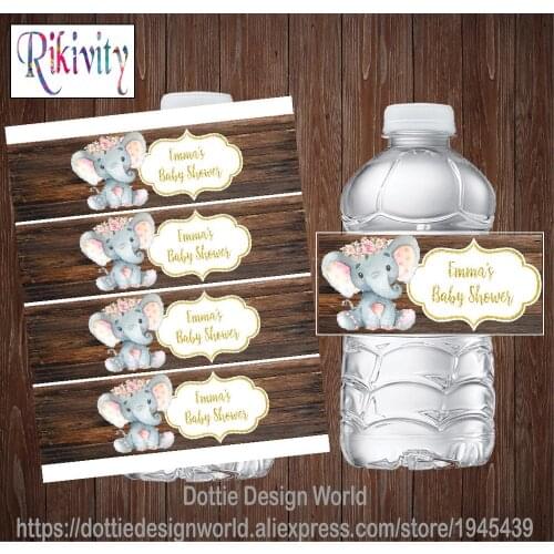 Custom Flower Elephant Princess Girl Baby Shower Water Bottle Wine Labels Candy Bar Wrapper Stickers Birthday Wedding Decoration