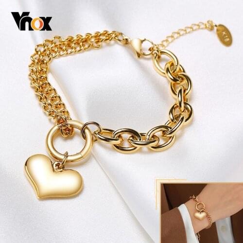Vnox Chunky Heart Charm Bracelets for Women,Adjustable Stainless Steel Cuban Rolo Chain Links,Layered Elegant Jewelry,K18 Stamp