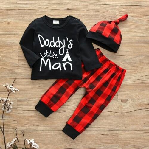 Boy Baby Clothing Sets Daddys Little Man Letter Print Long Sleeve Tops+Plaid Trousers+Hat Fall Outfits Infant Baby Clothes
