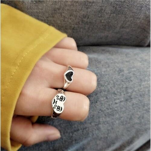 Punk Antique Silver Color Happy Smiling Face Open Rings Sets For Women Cute Black Enamel Heart Ring Sets Fashion Girl Jewelry