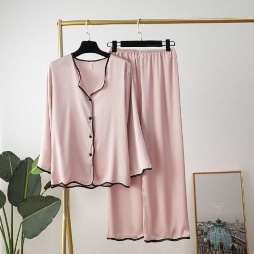 JULYS SONG Pajamas Set Women Stain Silk Spring Summer Sleepwear Soft Solid color 2 Pieces Nightwear Long-sleeved Homewear NEW