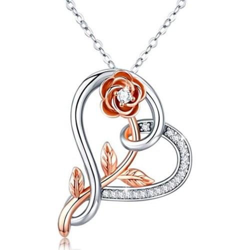 Romantic Style Silver Plated Alloy 2 Colors Leaf Flower and Love Heart Pendant Link Chain Necklace with Rhinestone Jewelry