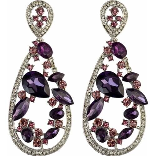 Luxury Bride Green Purple Crystal Earrings Women Wedding Jewelry Big Pendants Statement Bridal Drop Earrings Long Brincos 2020