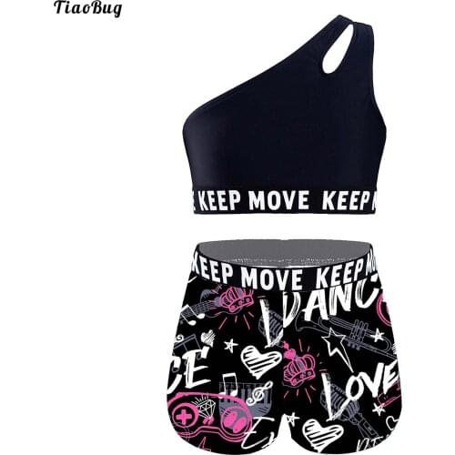 TiaoBug 2Pcs Kids Girls Sport Suit Slant Shoulder Crop Vest And Shorts Set Sportswear For Running Gym Yoga Dance Workout