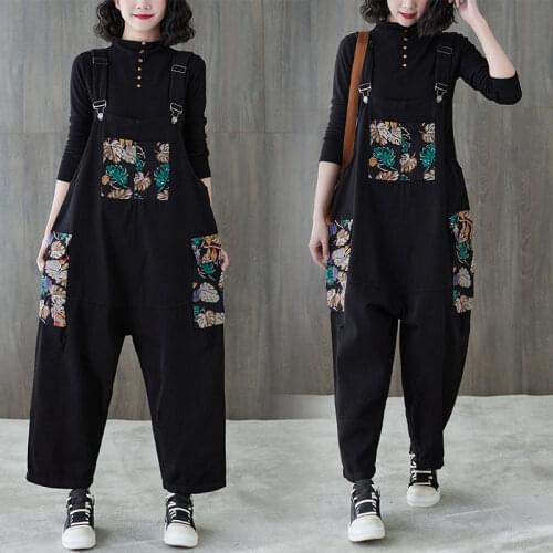 Retro Ethnic Print Loose Plus Size Jeans Women Spring Fashion Overalls Casual Jumpsuit Trousers 2021 Vintage Denim Pants zh542