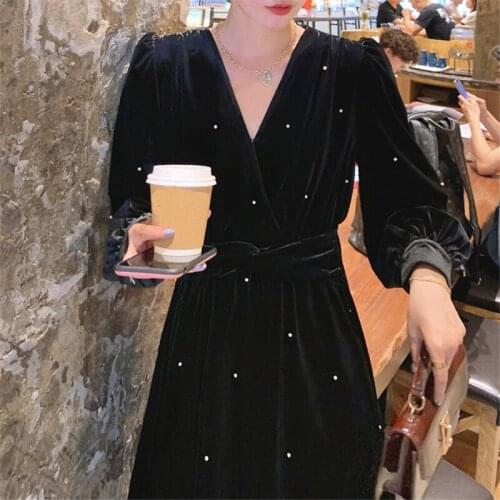 Beading Party Elegant Puff Sleeve Dress Sungtin Pearl Sash Banquet Velvet V Neck Dress Women Winter Female Belt Outwear Vintage