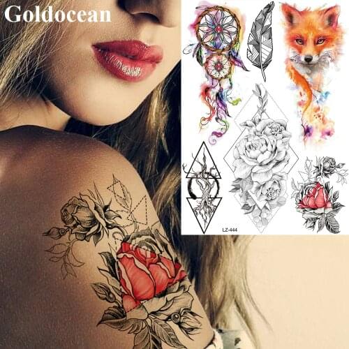 GoldOcean Red Wrist Triangle Flower Waterproof Temporary Tattoo Flash Dream Catcher Black Tatoos Fox Body Arm Fake Tato Stickers