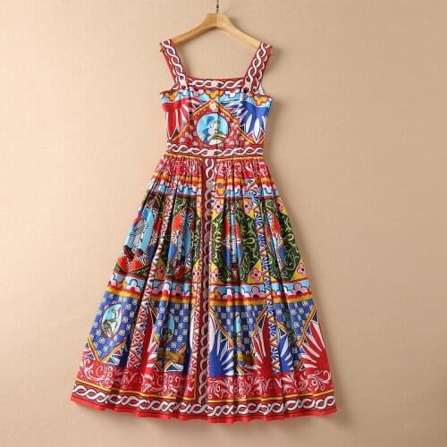 European and American womens wear new autumn 2022 Condole belt Fashion palace retro printed cotton pleated dress