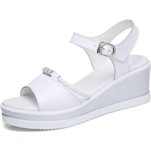 Famous 2020 New Summer Fish Mouth Rhinestone Wedge Sandals Women Genuine Leather Sandals Comfort Non-slip Wear High Heel Sandals