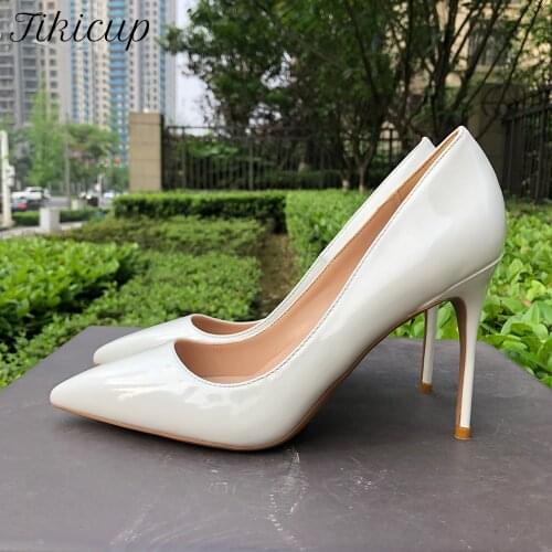 Tikicup Solid White Women Glossy Patent Pointed Toe High Heel Shoes Elegant Ladies Plain Slip On Dress Stiletto Pumps Size 33-45