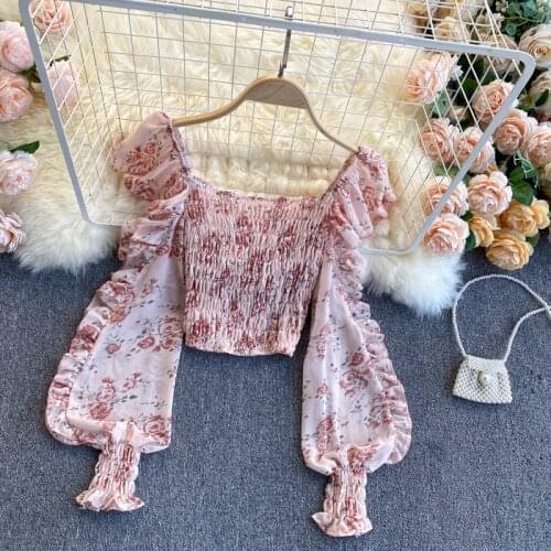 Women Sexy Floral Print Puff Sleeve Chiffon Casual Shirt Blouse Sweet Short Design Pleated Basic Top Pullovers