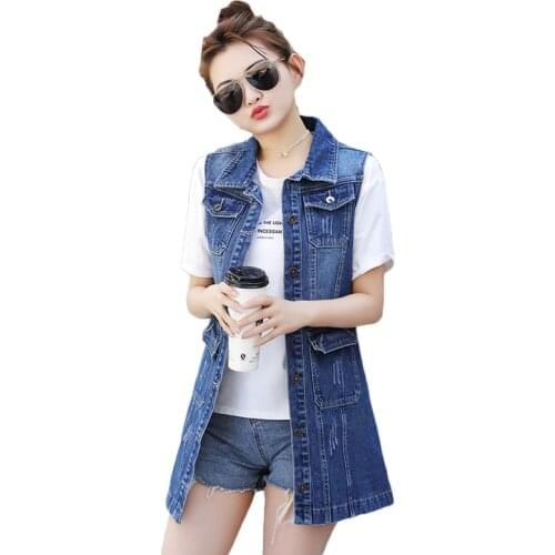 6XL Plus Size 2020 Summer Autumn Women Denim Casual Vest Fashion Hole Denim Vests Jeans Jacket Long Sleeveless Cardigans W156