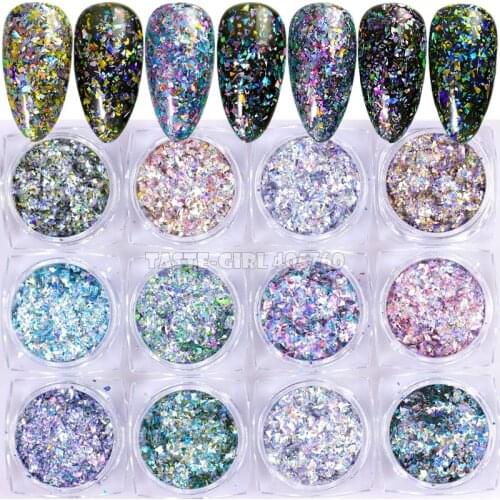 12 Jar/lot Beautiful Glitter Laser Irregular Fragment Powder Acrylic Nail Art Gel Holographic Debris Decoration DIY GLS13-24