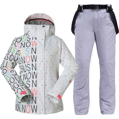 High White Womens Snow Suit Outdoor Sports Wear Snowboard Clothing Sets Waterproof Winter Costumes Skiing Jacket + Strap Pant