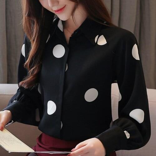 Fashion Woman Blouses 2021 Long Sleeve Dot Black Chiffon Blouse Women Shirts Turn Down Collar Office Ladies Tops Women Tops B702