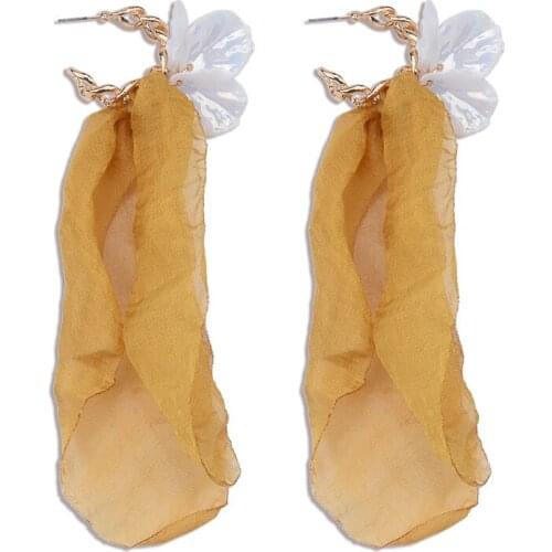 Bohemian Holiday Lace Fabric Tassel Long Earrings Women Pearl Petal Decoration Earring Jewelry Gold Metal C Shape Hangle Earring