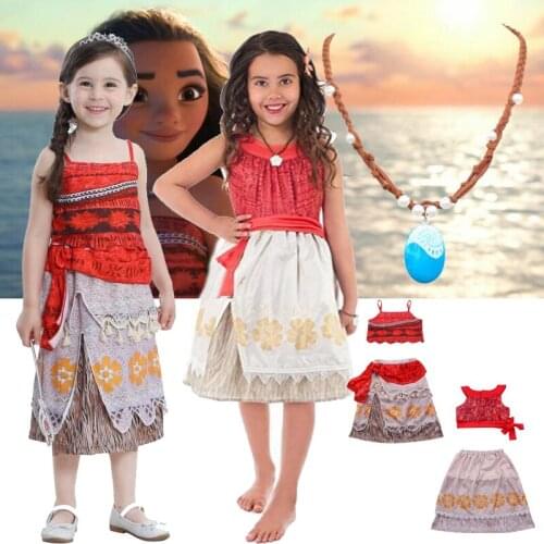 Childrens Princess Moana Vaiana Costume Dress with Necklace Wig Girls Halloween Party Moana Dress party Cosplay costume DL6042