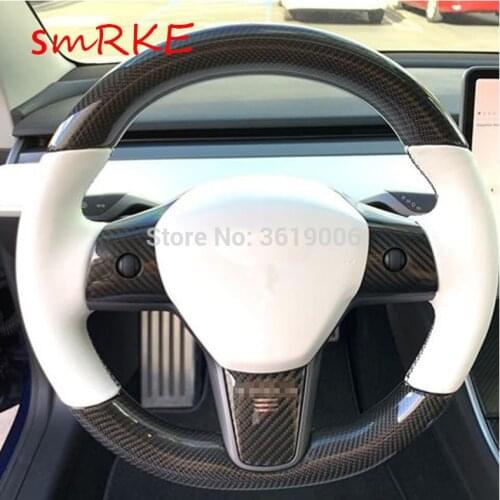 For Tesla Model 3 DIY Hand-stitched Car Steering Wheel Cover Carbon Fibre White Leather