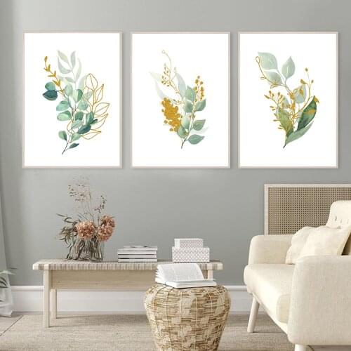 Nordic Golden Leaf Posters Canvas Painting Gold Green Leaves Watercolor Wall Art Prints Picture for Living Room Interior Decor