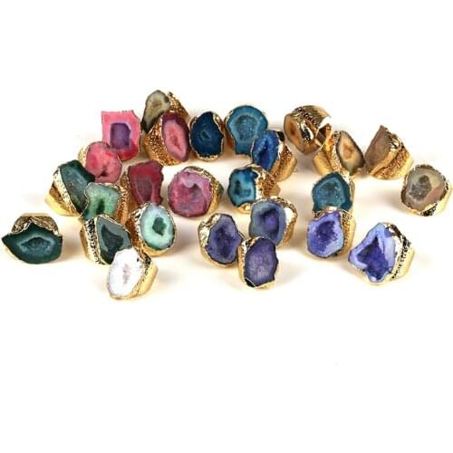 Big gold polished multi colors geode crystal semi precious stone slice bead charm adjust open hammered ring cuff for woman man