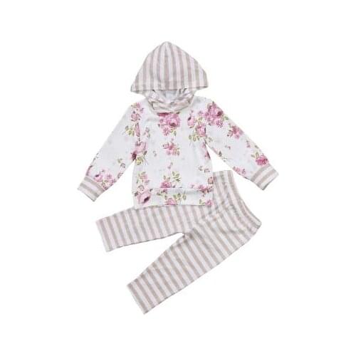 New 2 Pcs Infant Striped Outfits, Toddler Long Sleeve Floral Hoodie + Elastic Waist Trousers Set