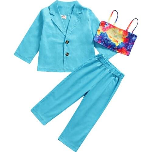 3Pcs Little Girls Clothing Outfit Leisure Style Solid Color Long Sleeve Lapel Suit Tops+ Long Pants + Mixed Color Short Camisole