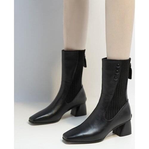 Square Toe Knitted Wool Stitching Microfiber Mid-Tube Square Toe Short Boots Wood Grain Thick Heel Korean Socks Mid-Calf Boots