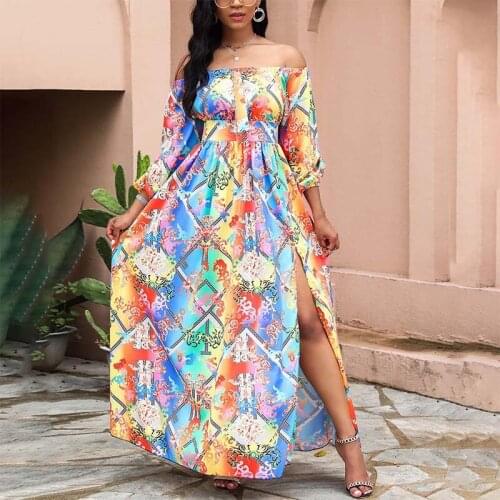 Summer Sexy Slash Neck Off Shoulder Dress Women Vintage Print Plus Size Loose Dresses Evening Party Maxi Dress