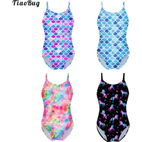 TiaoBug Summer 4 To 16 Years Kids Girls One Piece Swimming Jumpsuit Colorful Fish Scales Pattern Swimsuit Swimwear Bathing Suits