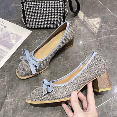 Newest Korean Women Butterfly Weave Lattice Slip On Chunky High Heel Pump 5.5 / 7.5 CM Round Toe Single Office Party Dress Shoes