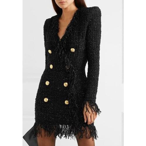 2019 New Autumn Winter Balck White Tassel Warm Button Woolen Dress V Neck Mini Club Fashion Bodycon Runway Vestidos Wholesale