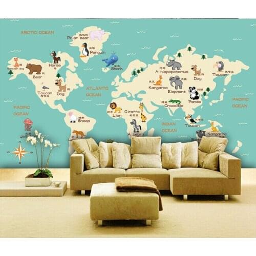 Custom papel DE parede infantil, animal world map murals for children room bedroom sitting room background wallpaper
