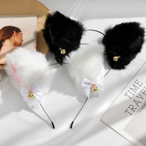 Faux Fur Kitten Ears Headband with Choker Necklace Set Sweet Bowknot Bell Lolita Hair Hoop Anime Maid Cosplay Costume
