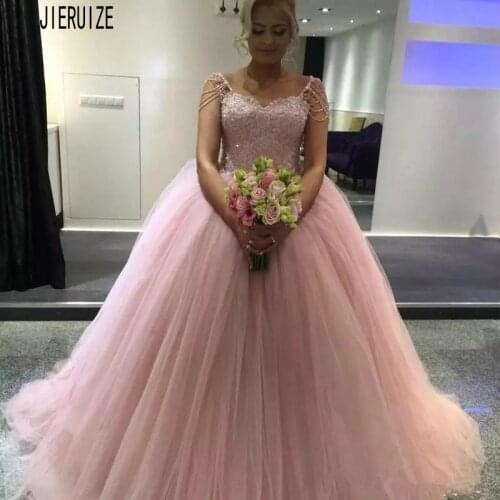 JIERUIZE Pink Luxury Tulle Wedding Dresses Sweetheart Lace Up Back Ball Gown Bridal Dresses Appliques Beading robe de mariee