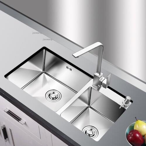 4MM Thick 304 Stainless Steel Manual Kitchen Sink Household Improvement Hotel Double Trough Dishwashing Under-counter Basin Set