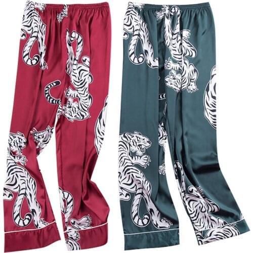 Men Sleep Bottoms New Fashion Simulation Tiger Printing Silk Lingerie Men Animal Print Long Sleep Pants