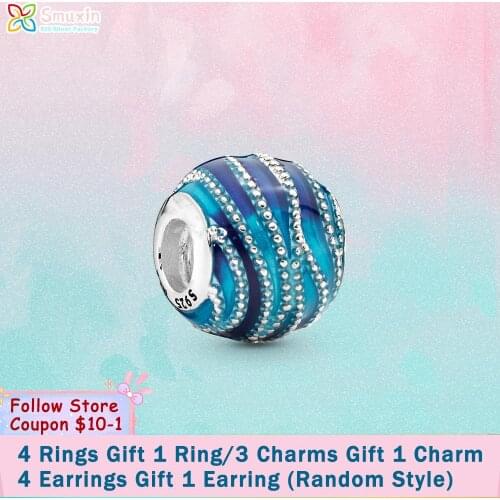 Smuxin 925 Sterling Silver Bead Blue Swirls Charm Mixed Enamel Charms fit Original Pandora Bracelets for Women Jewelry Girl Gift
