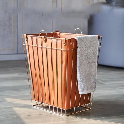 Modern Household Bedroom Leather Metal Dirty Clothes Basket Storage Basket Clothes Sundries Sorting Basket Home Decor Ornaments