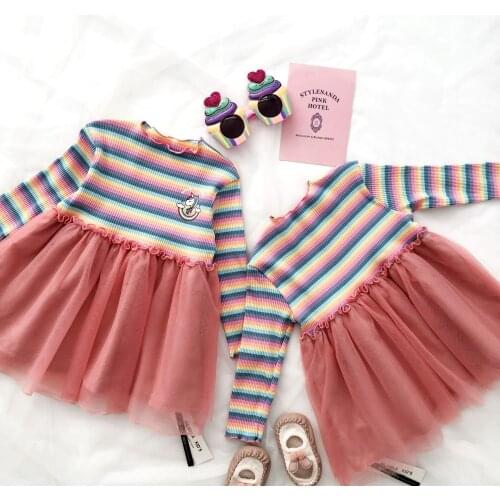 Tonytaobaby New Autumn and Winter Striped Mesh Dress for Girls Dress Girl Toddler Dress