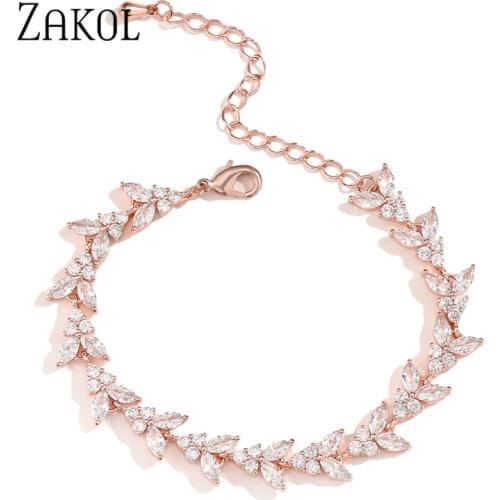 ZAKOL High Quality White Cubic Zirconia Chain Link Adjustable Bracelets for Women Fashion Leaf Shape Bridal Wedding Jewelry