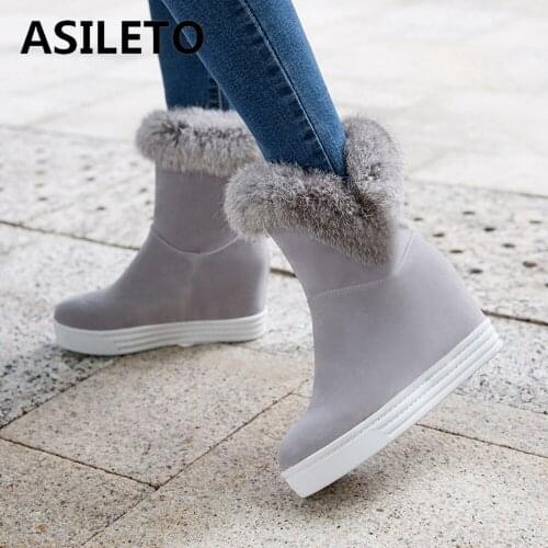 ASILETO Womens half boots Fur Wedges Slip on Flock Female mujer Increased Solid Round toe Fashion Warm boots Ankle boot S2403