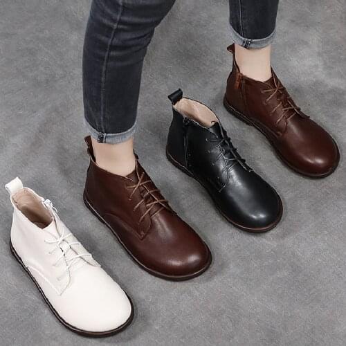 2020 Womens Genuine Leather Oxford Shoes Women Lace Up Autumn Ankle Boots Female Rubber Boots Ladies Flat With Sport Shoes