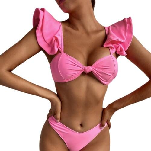 2021 Sexy Ruffle Womens Swimsuit High Waist Split Bikini Sets Solid Color Two Pieces Swimwear Summer Bathing Suit Beachwear