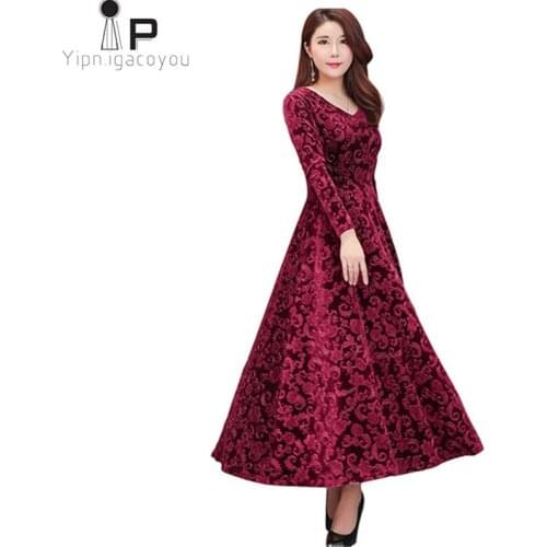 2020 Plus Size 3XL Women Autumn Winter Floral Dress Female V-Neck Long Maxi Velvet Dress Elegant Ladies Formal Party Dresses