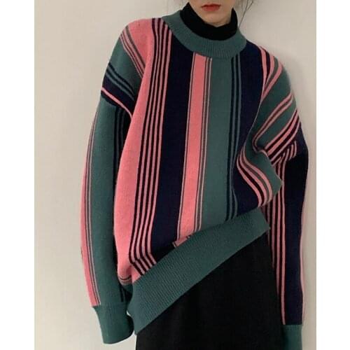 Winter Long Sleeve Women Sweater O-Neck Thicken Korean striped Sweater Harajuku Vintage Korean Loose Green Green Pink Top Female