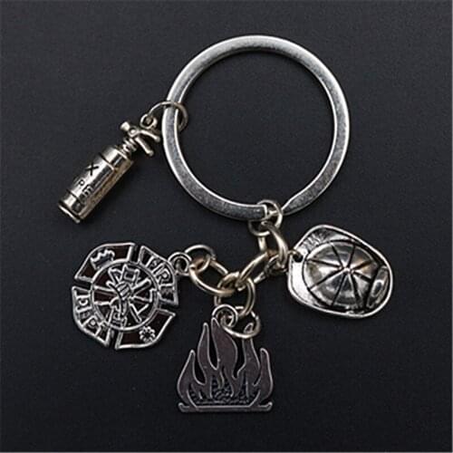 WKOUD 1pc Metal Flame Charm Fire badge & Fireman Hat & Fire Extinguisher Keychain DIY Creative Alloy Key Chain Hero Gift A1619