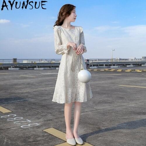 AYUNSUE White Lace Dress Female Elegant Korean Dresses for Women Spring Autumn 2021 Long Sleeve Fashion Vintage Dress Vestidos