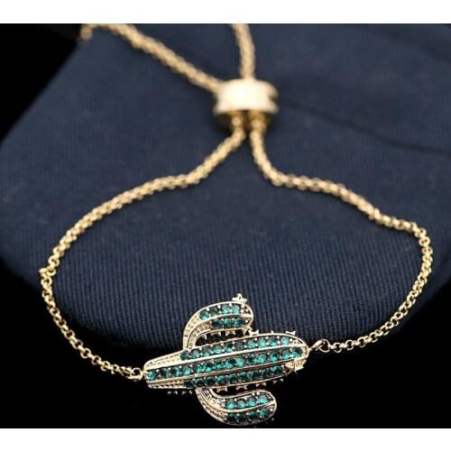 Fashion Summer Zircon Charm Cactus Bracelet Green Plant Gold Color Adjustable Bangles Women Girl Party Jewelry Birthday Gift